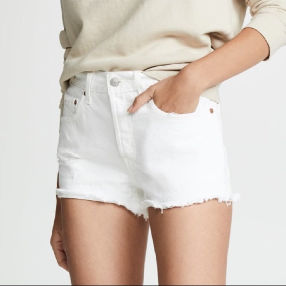EUC Levi's Distressed Button Fly White 501 Denim Jean Shorts - Picture 1 of 11